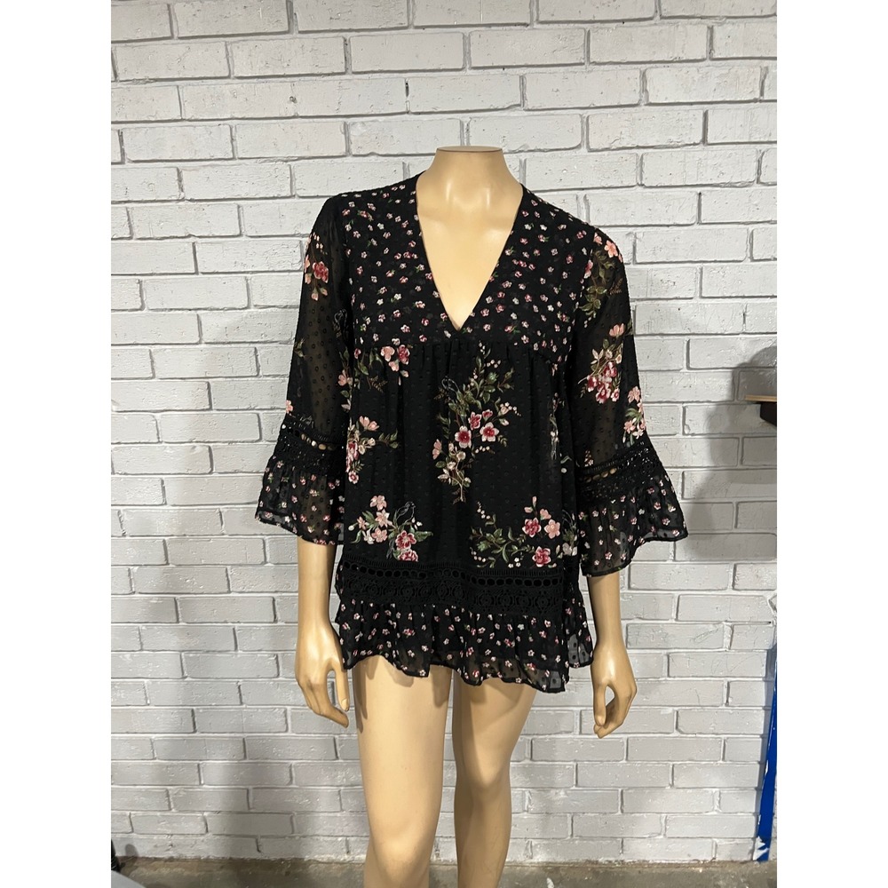 Maeve Anthropologie Black Swiss Dot Crochet Lace Blouse Fairy Grunge Coquette S